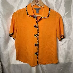 VTG 90’s Retro Orange Black Halloween Bowler Style Button Down Blouse Shirt